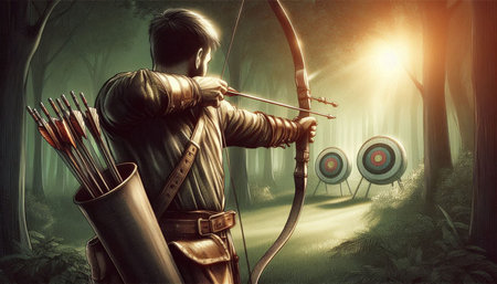Archer with bow and arrow in the forest. 3D renderingの写真素材