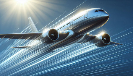 Airplane flying in the blue sky. 3d rendering image.