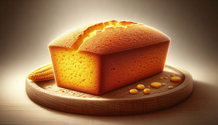 Cornbread on a cutting board with a light background. Toned.