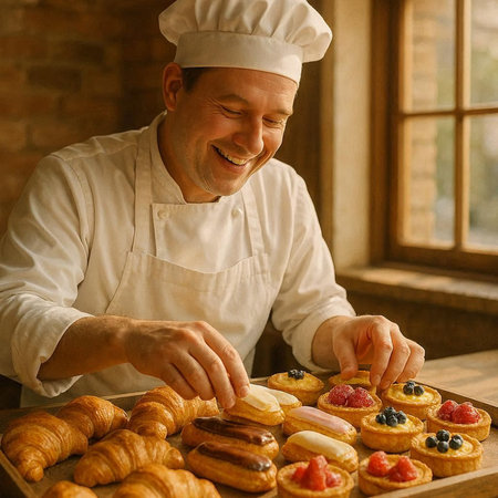 Cheerful male pastry chef in white uniform decorating croissants with berries