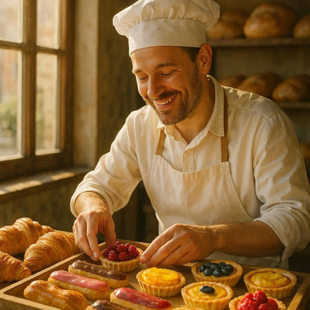 Portrait of a smiling male baker in uniform making pastry in bakery