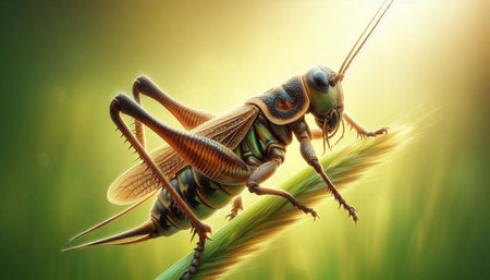 Grasshopper on the blade of grass. Close-up.