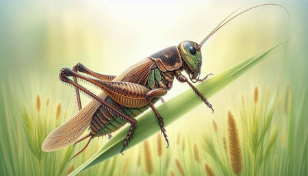 Grasshopper sitting on a blade of grass, 3d illustration