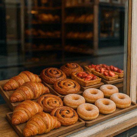 Fresh croissants and pastries in a bakery shop window.