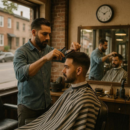 Professional barber trimming client's hair in barber shop.