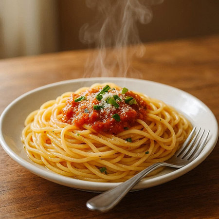 Spaghetti bolognese with tomato sauce on a wooden table