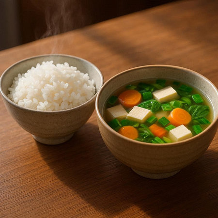 Japanese miso soup with tofu and vegetables in bowl on wooden table