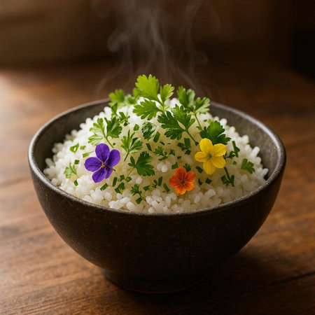 Rice with edible flowers and herbs in a bowl on a wooden table