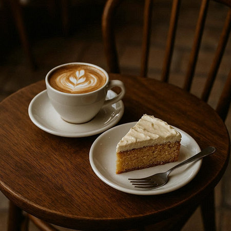 A cup of cappuccino and a piece of cake on a wooden table