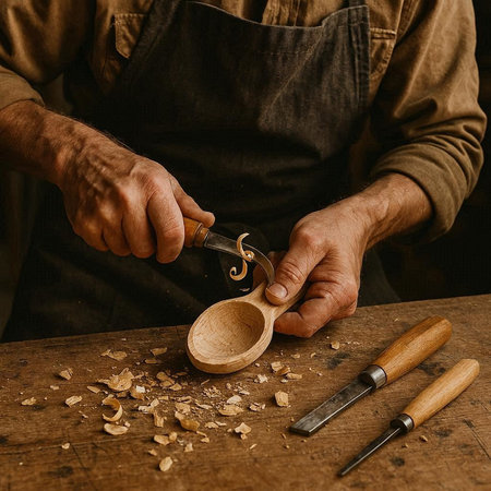 Carpenter in his workshop working with a wooden spatula.