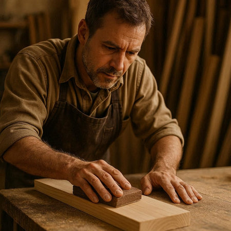 Carpenter working in his workshop. Confident mature carpenter working in his workshop.