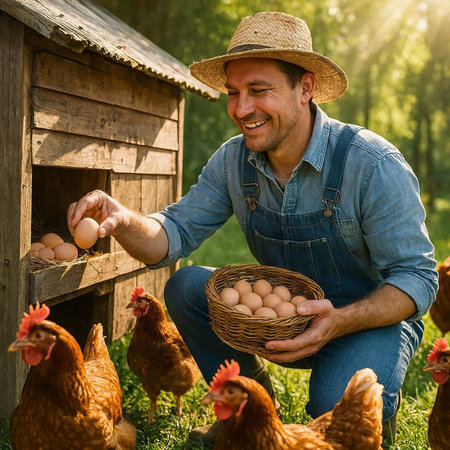 Farmer is holding a basket of eggs in his hands and smiling while standing near the henhouse