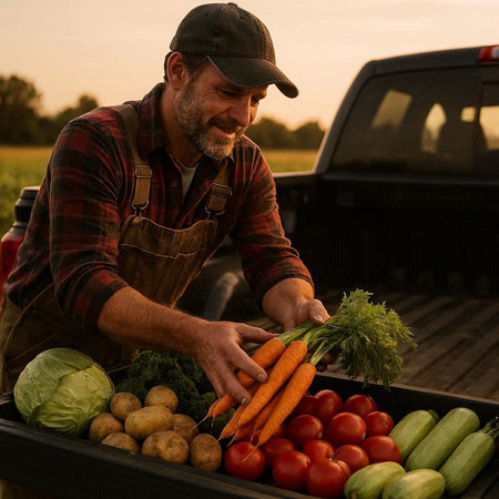 Farmer with harvest of vegetables in a box on the background of the car