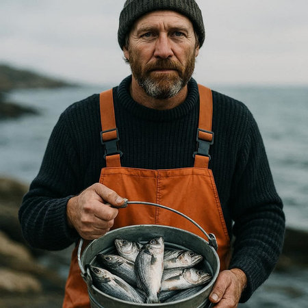 Fisherman holding a bucket of fresh fish on the seashore