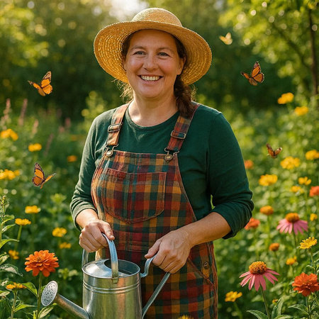 Portrait of a smiling mature woman watering flowers in the garden.