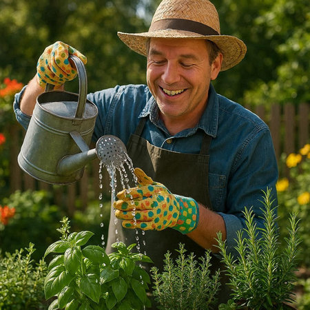 Portrait of happy senior man watering plants in garden at summer day