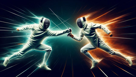 Two young men wearing fencing suits fighting with each other on abstract background