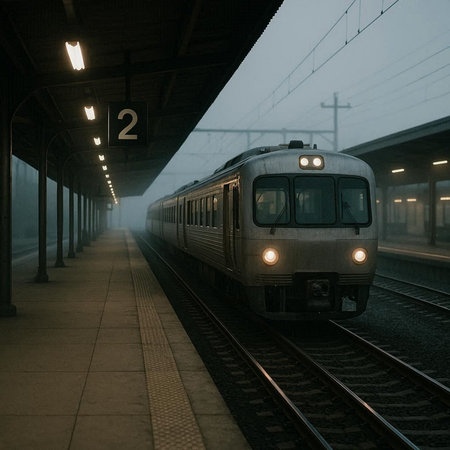 Train at the station in a foggy morning. 3d rendering