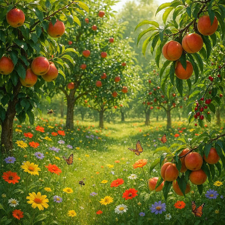 Peach tree with ripe fruits in orchard. Natural background.
