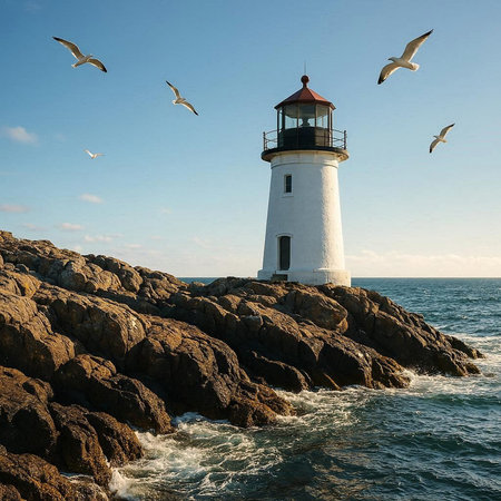 Lighthouse on the rocky coast with seagulls flying in the sky