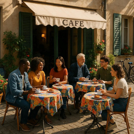 Group of friends sitting at a table in a cafe and drinking coffee
