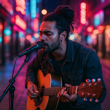 Young african american male musician playing guitar in night city.