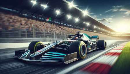 Racing car on the track at sunset. 3D rendering.