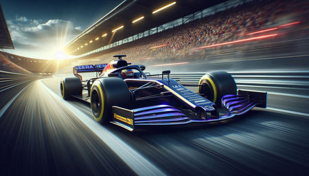 3D rendering of a formula race car on track with motion blur