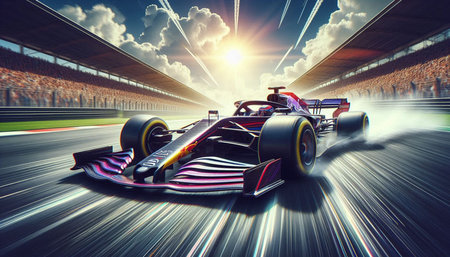 F1 car racing on the track at sunrise. 3d rendering