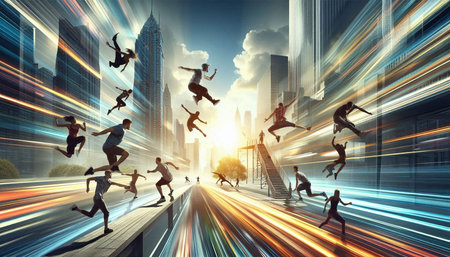 Business people running on a city street. Mixed media. Mixed media