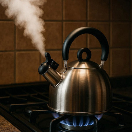 Kettle on a gas stove with smoke coming out of the kettle