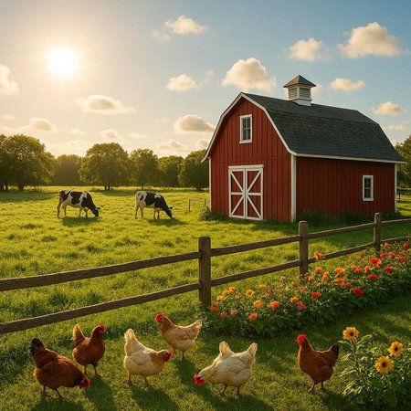 Rural scene with red barn and chickens on green meadow.