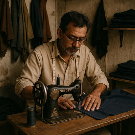 Portrait of a senior man working with sewing machine at his workshop