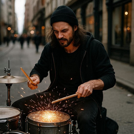 Man playing drums on the street in the evening. The concept of music.