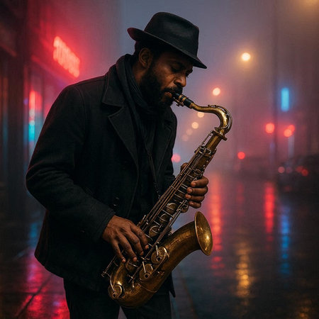 Portrait of a saxophonist in a black coat and hat playing the saxophone on a foggy street.