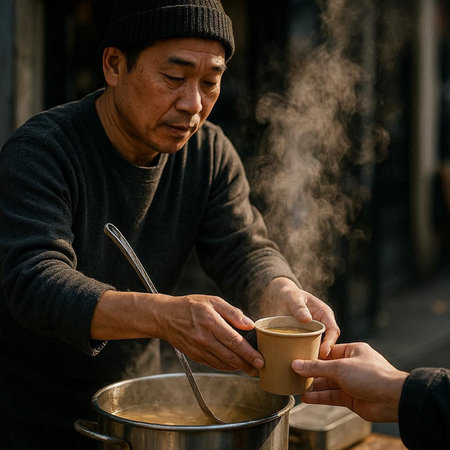 Korean man cooking soup in the street in Seoul, South Korea