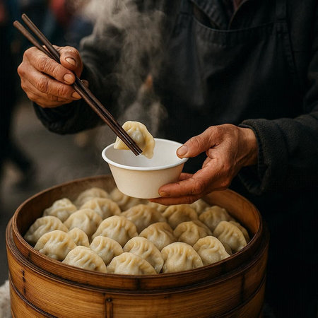 Chinese steamed dumplings in bamboo steamer on the street