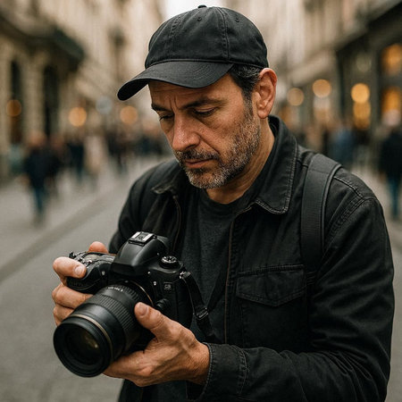 Photographer with a camera on the street in Milan, Italy.