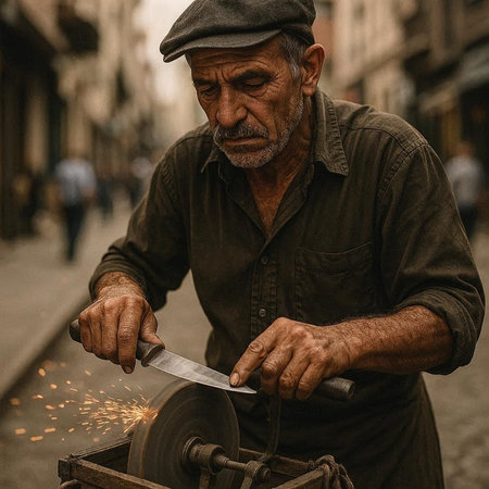 Old man working in the street, cutting a piece of metal.