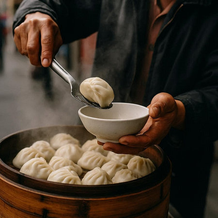 Steamed dumplings with minced meat in a wooden bowl.