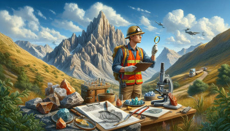 Worker in the mountains with a map and a compass. 3d rendering