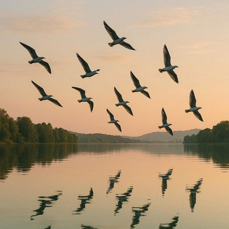 A flock of seagulls flying over the lake at sunset
