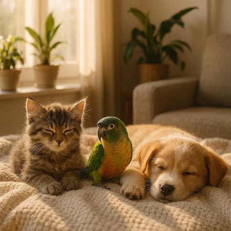 Cat and dog together on the bed. Pet and dog with a parrot.
