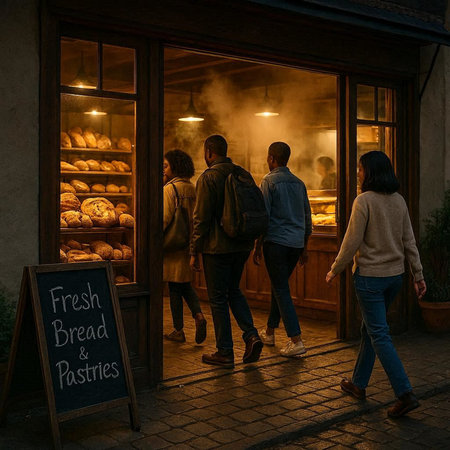 Group of people walking in front of bakery shop in Prague, Czech Republic
