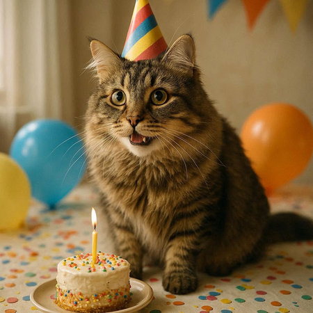 Cute cat with birthday cake and colorful balloons on the background.