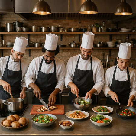 Group of young chefs in uniform cooking food in the kitchen at restaurant