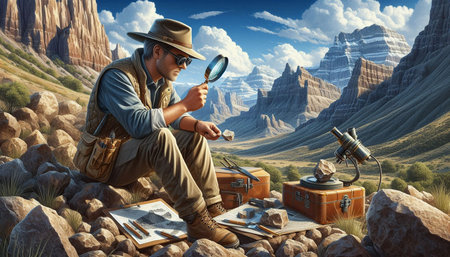 Tourist with a magnifying glass on the background of the mountains