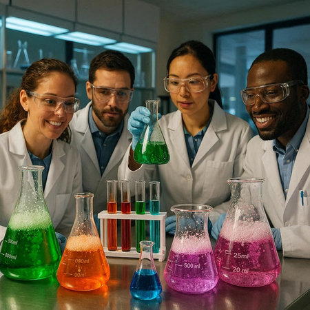 Science, chemistry, biology, medicine and people concept - group of happy scientists or doctors with test tubes making research in clinical laboratory