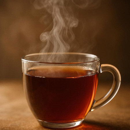 Cup of hot tea with steam on brown background, close up
