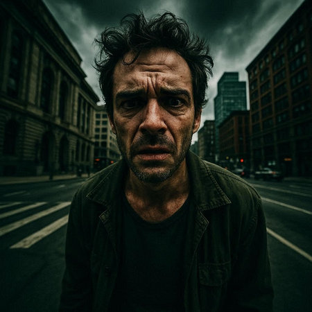 Portrait of a homeless man in a city street, looking at camera.